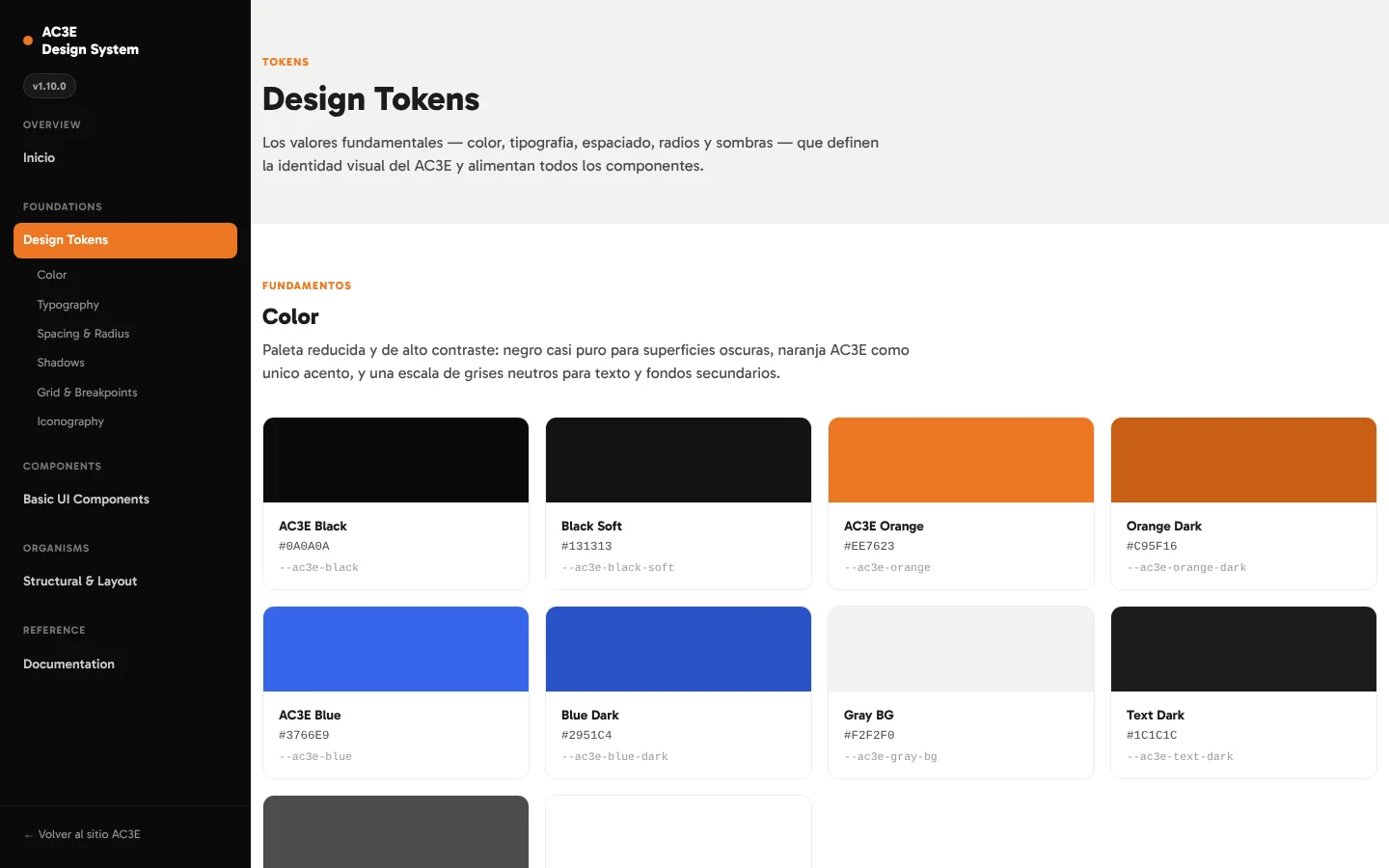The AC3E design system's token page: colours with their names and uses.