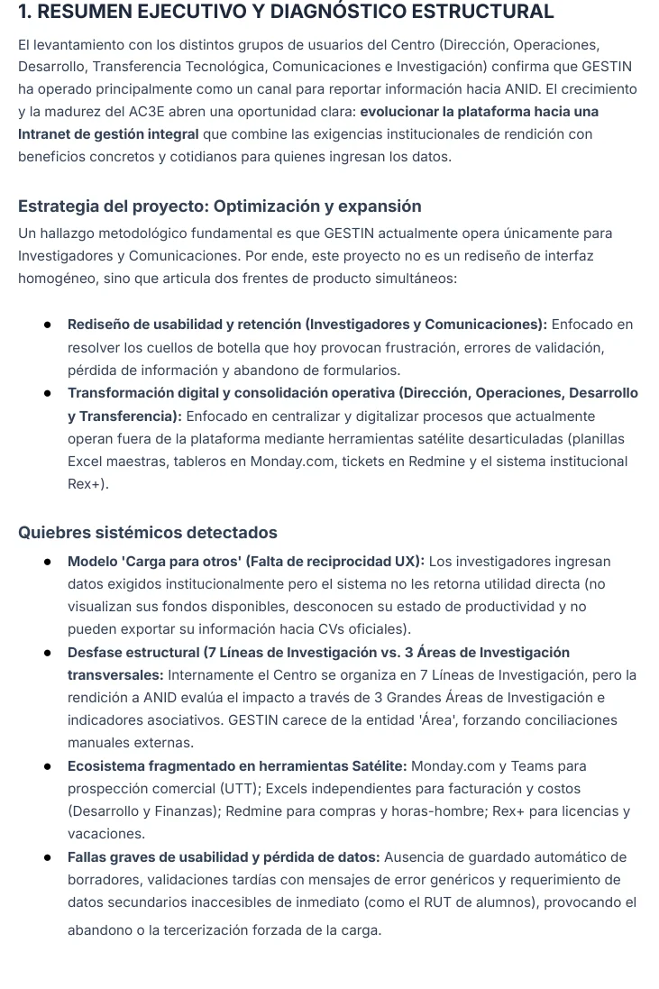 A page of the discovery report, in Spanish: the executive summary, the project strategy and the systemic breaks found in the interviews.