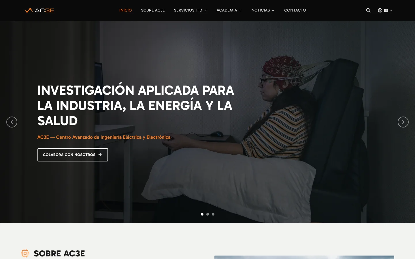 The AC3E home page: applied research for industry, energy and health, with a call to collaborate.