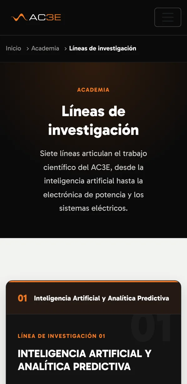 The research lines page on a phone, starting with artificial intelligence and predictive analytics.