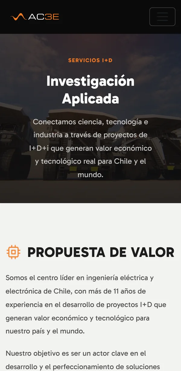 The R&amp;D services page on a phone, with the center's value proposition.