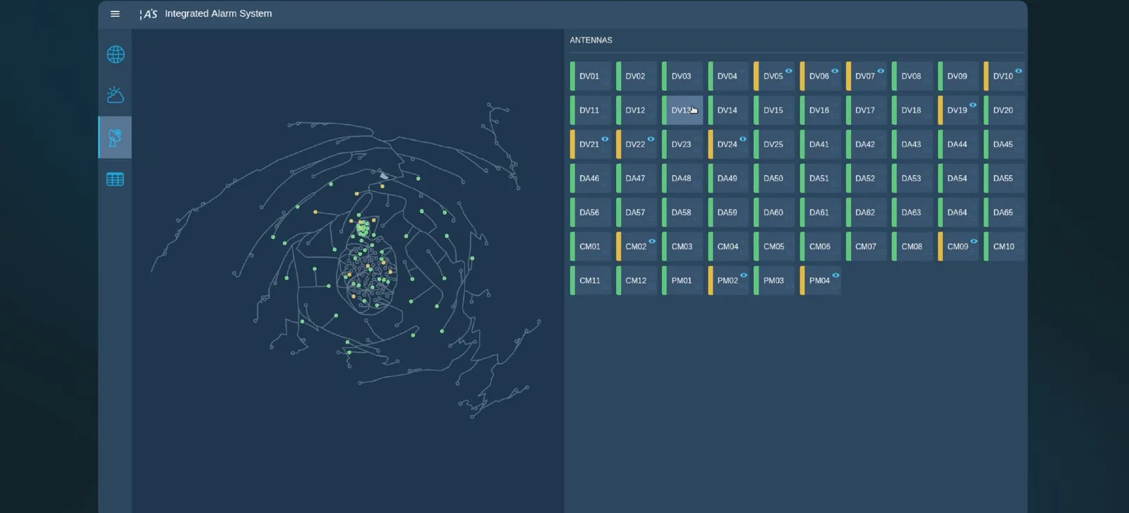 The ALMA alarm system: a map of the antenna pads spread across the site, beside a grid of antenna statuses.