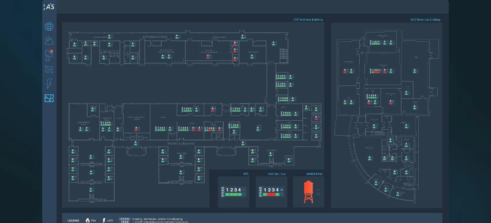 Floor plans of ALMA's operations buildings with fire, power and air-conditioning alarms marked.