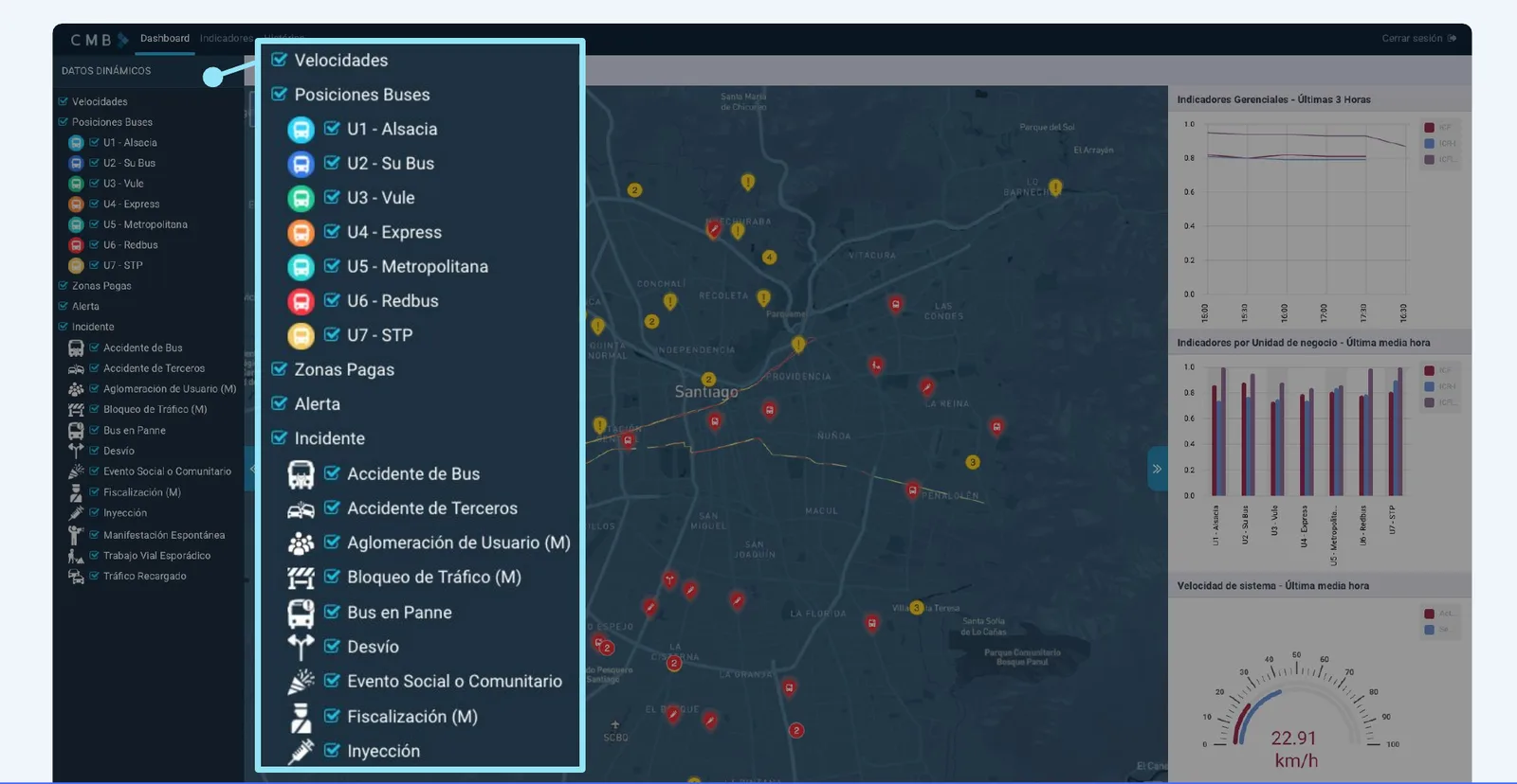 The filter panel listing the bus operators, paid zones, alerts and types of incident.